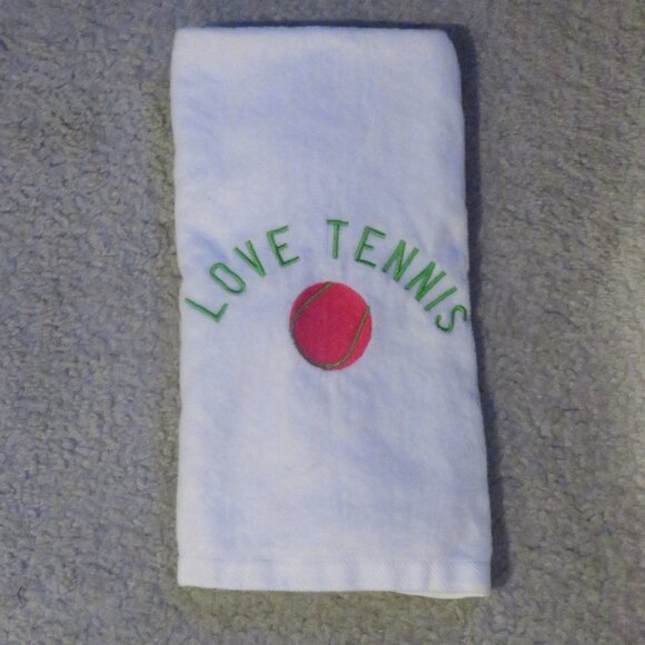 White Tennis Towel "Love Tennis" Logo & Tennis Ball Pic - abt. 26" L x 16' W - Picture 1 of 8